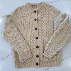 Carraig Donn Aran Cable Knit Pure Wool Cardigan Sweater Cream XL